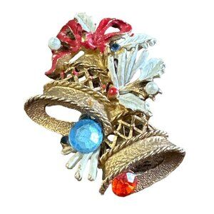 Vintage Holiday Bell Brooch Pin With Colorful Gemstones & Enamel Detailing